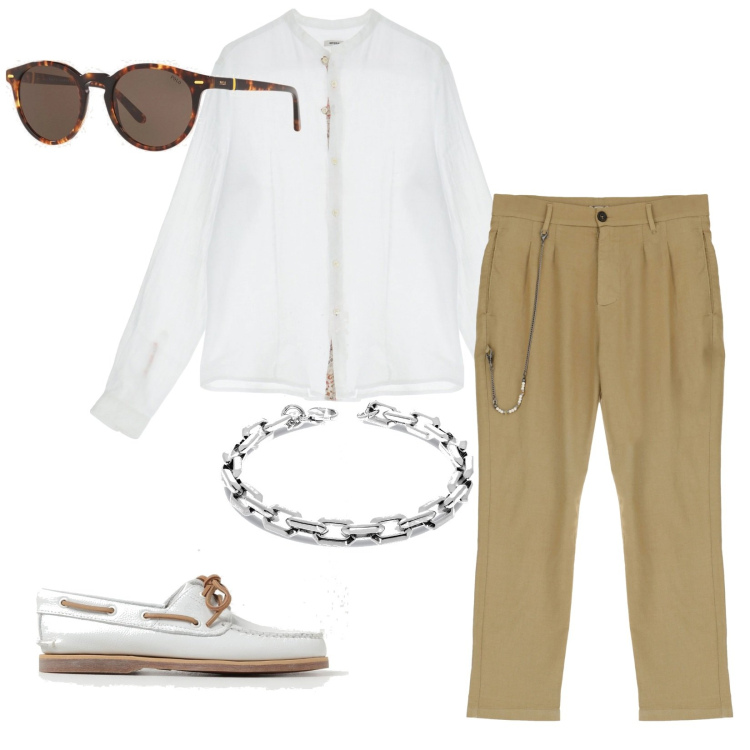 Outfit uomo - Cena a due. Stile Business/Elegante per Serata speciale. Abbinamento con camicie, pantaloni, occhiali da sole, scarpe stringate, braccialetti.