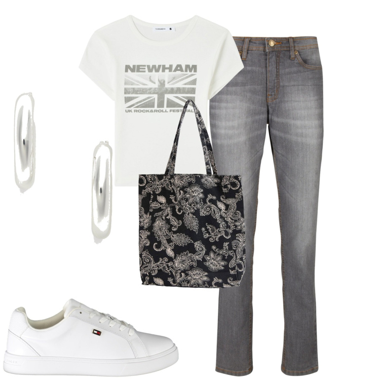 Outfit donna - City. Stile Basic per Tutti i giorni. Abbinamento con jeans mom, shopping bag, t-shirt, orecchini, sneakers.