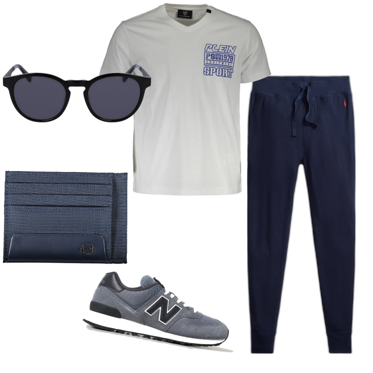 Outfit uomo - Colazione al bar. Stile Casual per Sport. Abbinamento con pantaloni, portafogli, t-shirt, occhiali da sole, sneakers.