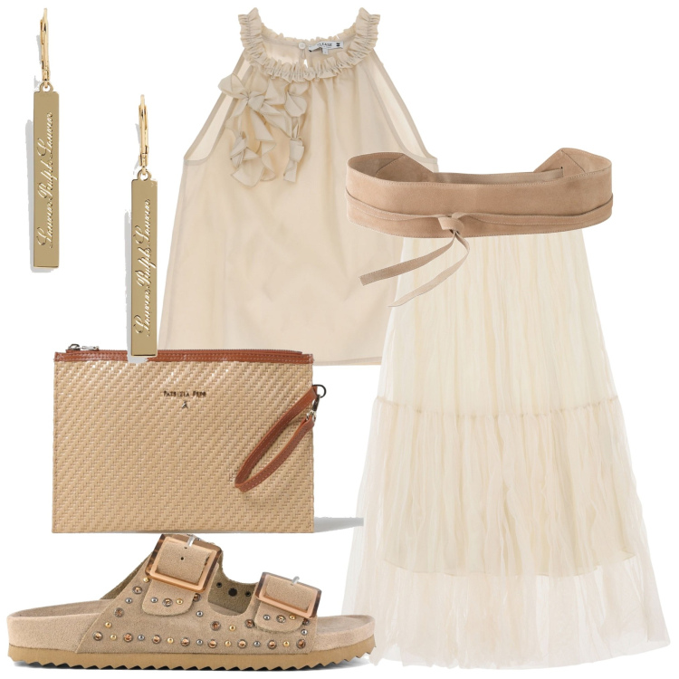Outfit donna - Aperitivo chic. Stile Boho per Serata fuori. Abbinamento con cinture, canottiere, gonne longuette, orecchini, sandali, clutch.