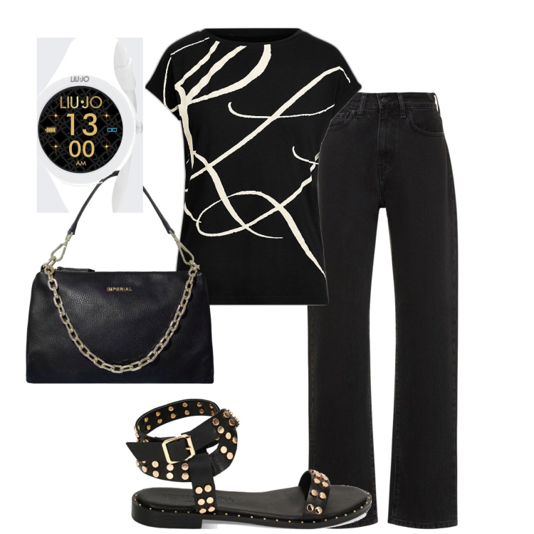 Outfit donna - Total look #1893266. Stile Casual chic per Tutti i giorni. Abbinamento con pochette, sandali, maglieria, jeans dritti, orologi.