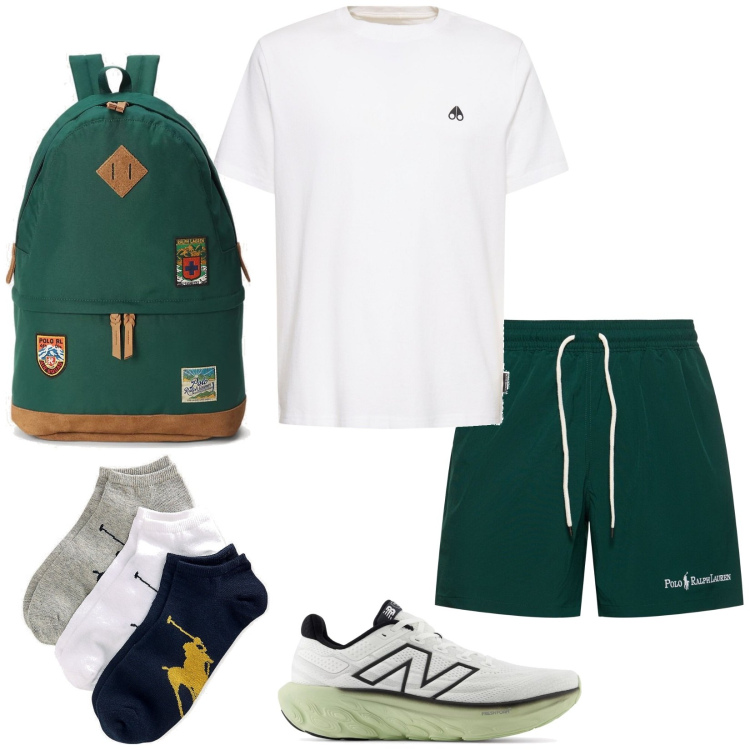 Outfit uomo - Sporty. Stile Casual per Sport. Abbinamento con scarpe sportive, calzini, borse sportive, t-shirt, shorts.