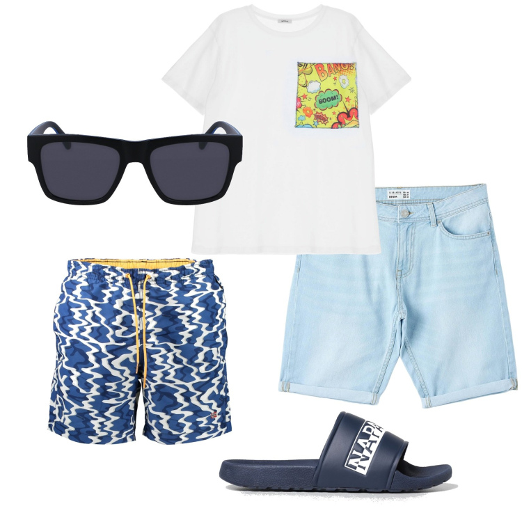 Outfit uomo - Beach boy. Stile Casual per Mare. Abbinamento con bermuda, t-shirt, occhiali da sole, costumi, sandali.