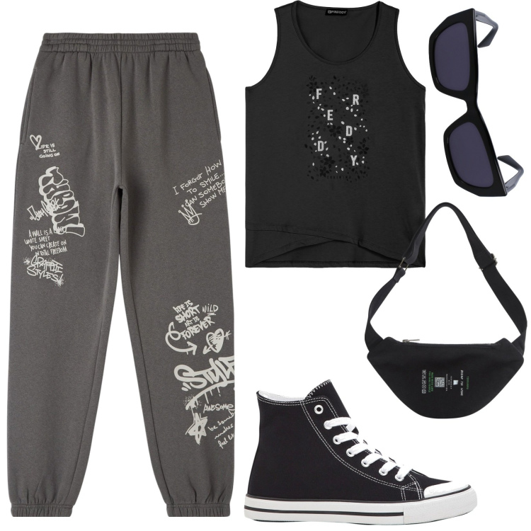 Outfit donna - sportiva e comoda. Stile Basic per Sport. Abbinamento con sneakers alte, marsupi, pantaloni, canottiere, occhiali da sole.