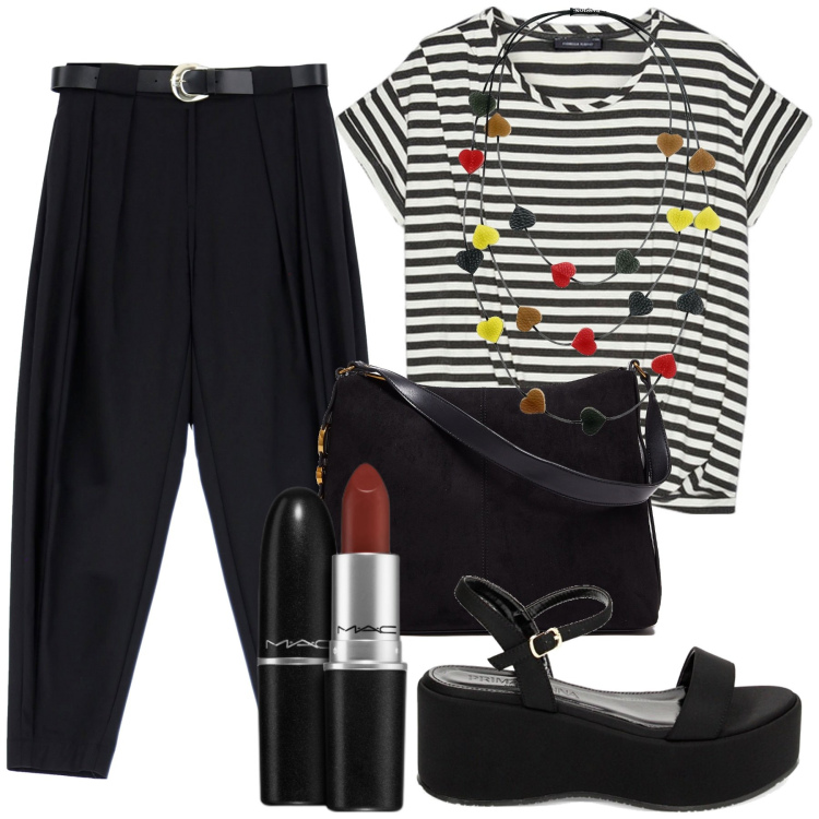 Outfit donna - Total look #1893363. Stile Trendy per Tutti i giorni. Abbinamento con collane, rossetti, pantaloni, zeppe, t-shirt, shopping bag.