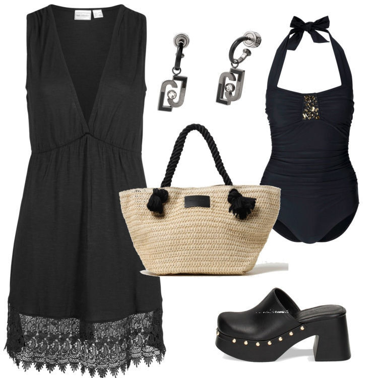 Outfit donna - In nero. Abbinamento con vestiti da spiaggia, costumi interi, zoccoli, borse tote, orecchini.