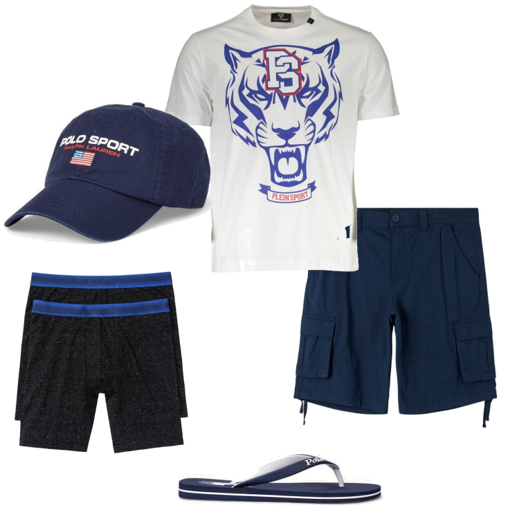 Outfit uomo - @ home. Stile Casual per Tutti i giorni. Abbinamento con boxer, pantaloni corti, berretti, sandali, t-shirt.