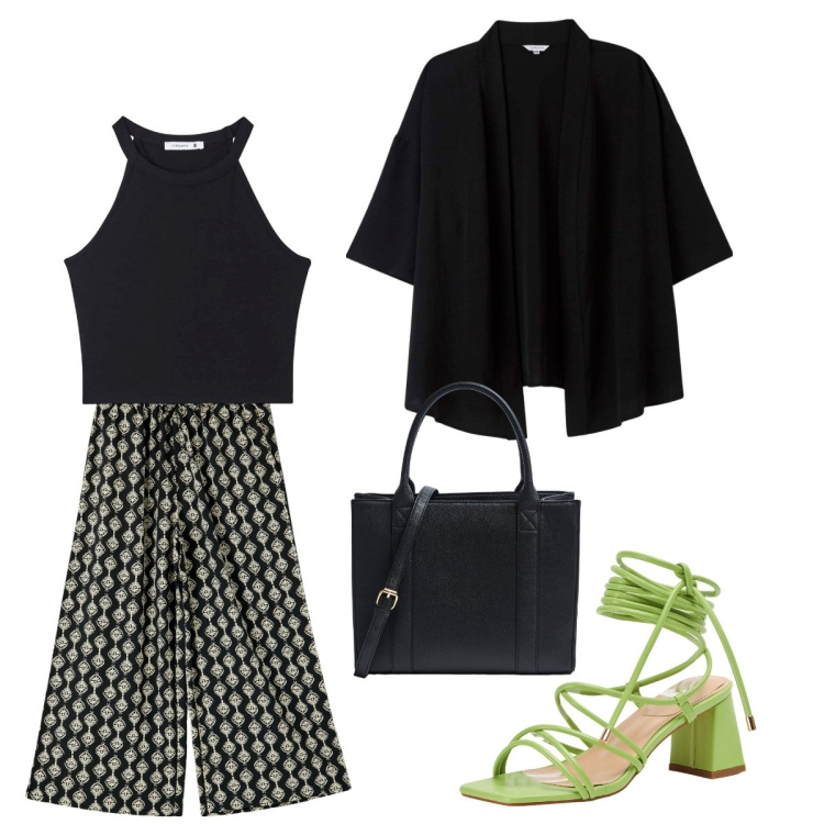 Outfit donna - Aperitivo con le amiche. Stile Etnico per Serata fuori. Abbinamento con pantaloni a palazzo, kimono, canottiere, sandali alla schiava, shopping bag.