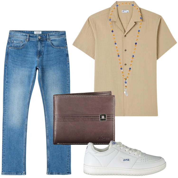Outfit uomo - Total look #1893399. Stile Trendy per Tutti i giorni. Abbinamento con camicie a manica corta, jeans dritti, collane, portafogli, sneakers.