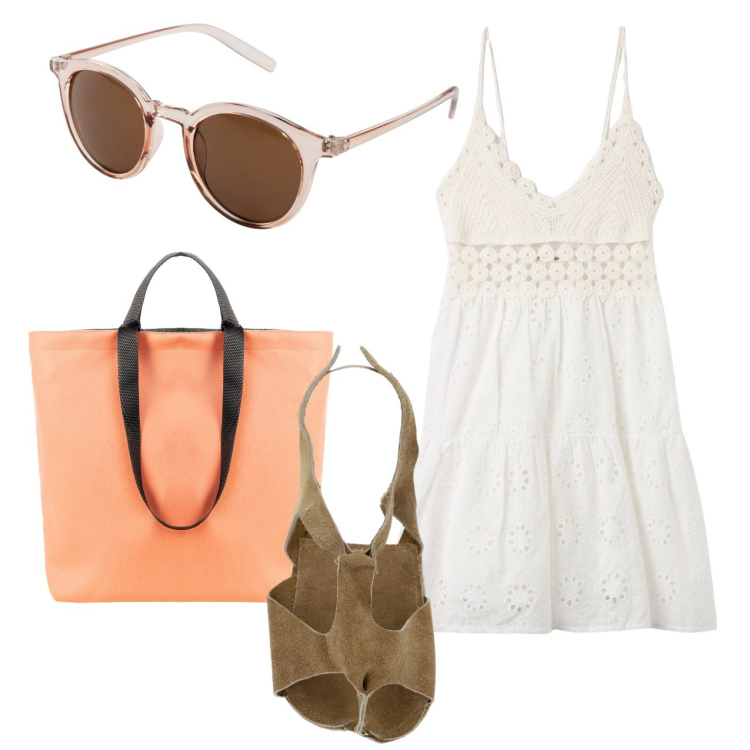 Outfit donna - Pizzo e crochet. Stile Romantica per Tutti i giorni. Abbinamento con occhiali da sole, vestiti corti, borse tote, sandali.