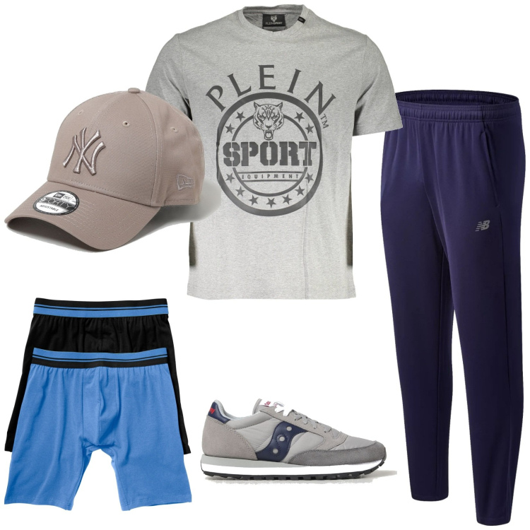 Outfit uomo - Sport. Stile Casual per Sport. Abbinamento con boxer, pantaloni sportivi, t-shirt, sneakers, cappelli.