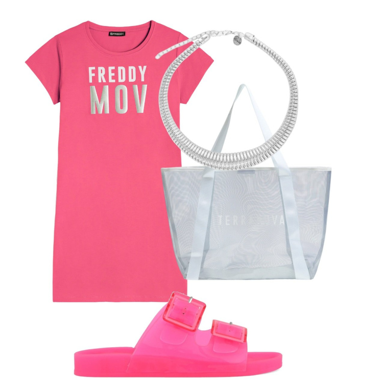 Outfit donna - Fucssssia. Stile Basic per Tutti i giorni. Abbinamento con shopping bag, vestiti corti, collane, sandali.