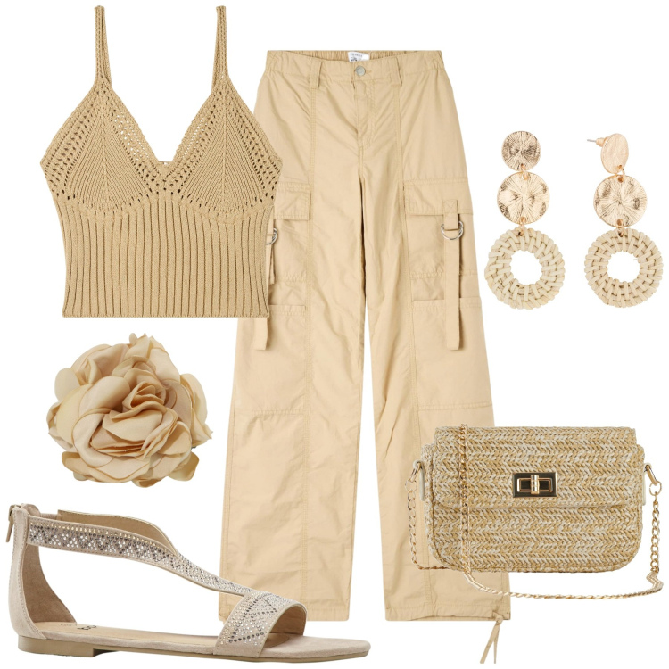Outfit donna - Top in crochet. Stile Casual per Tutti i giorni. Abbinamento con orecchini, sandali, borse a mano, pantaloni cargo, top, braccialetti.