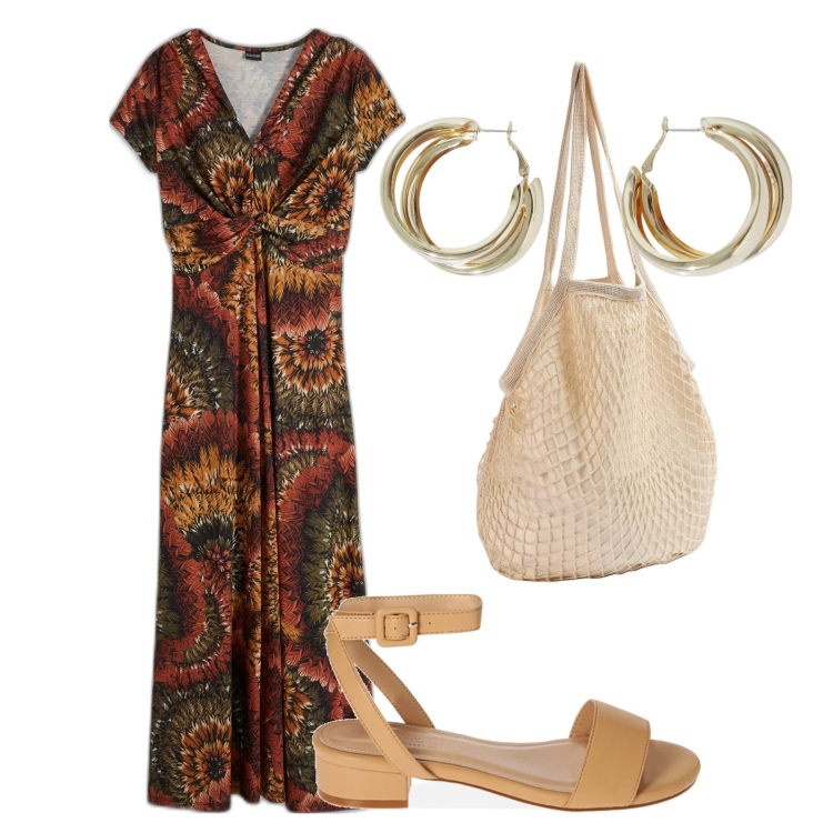 Outfit donna - Boho. Stile Boho per Tutti i giorni. Abbinamento con vestiti lunghi, borse a spalla, sandali, orecchini.