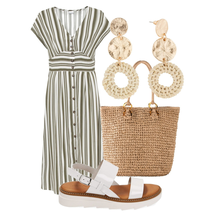 Outfit donna - Righe. Stile Bon Ton per Tutti i giorni. Abbinamento con vestiti, shopping bag, orecchini, sandali in pelle.