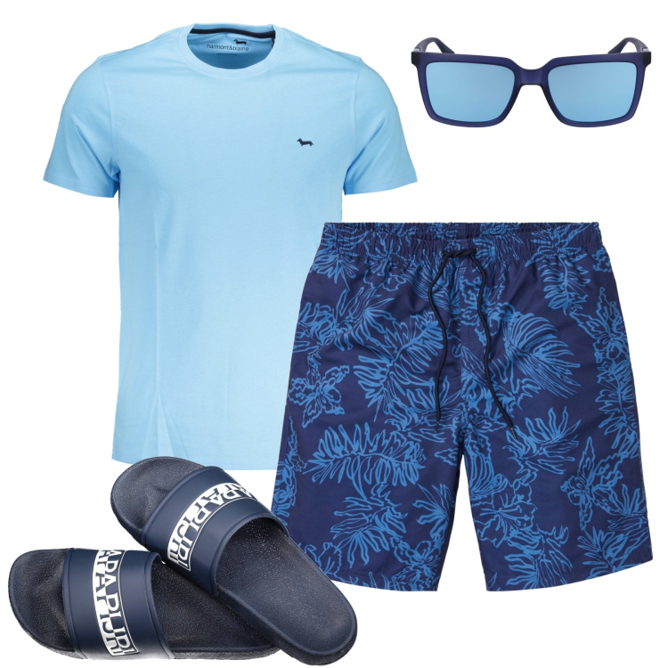 Outfit uomo - Al mare. Stile Trendy per Mare. Abbinamento con pantaloni corti, t-shirt, occhiali da sole, sandali.