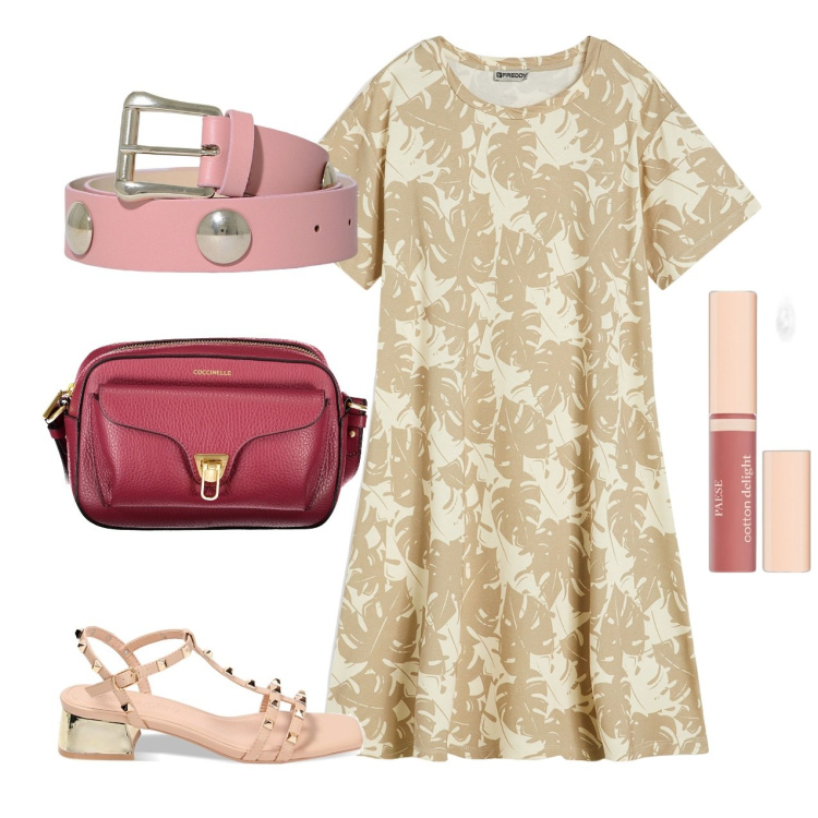 Outfit donna - Cintura rosa. Stile Bon Ton per Tutti i giorni. Abbinamento con gloss, cinture, vestiti, sandali col tacco, borse a tracolla.