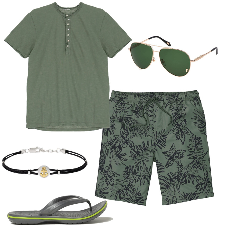 Outfit uomo - Total look #1893507. Stile Casual per Tutti i giorni. Abbinamento con pantaloni corti, braccialetti, t-shirt, occhiali da sole, sandali.