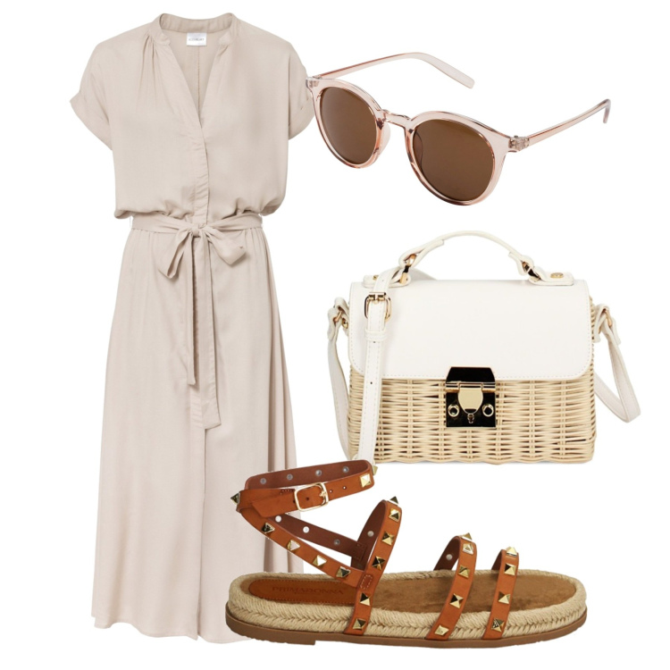 Outfit donna - Chi ha una vita. Stile Bon Ton per Tutti i giorni. Abbinamento con vestiti chemisier, occhiali da sole, sandali, borse a tracolla.