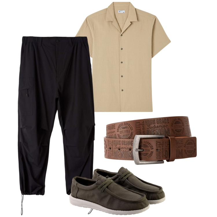 Outfit uomo - City. Stile Casual per Tutti i giorni. Abbinamento con cinture, pantaloni cargo, camicie a manica corta, scarpe stringate.