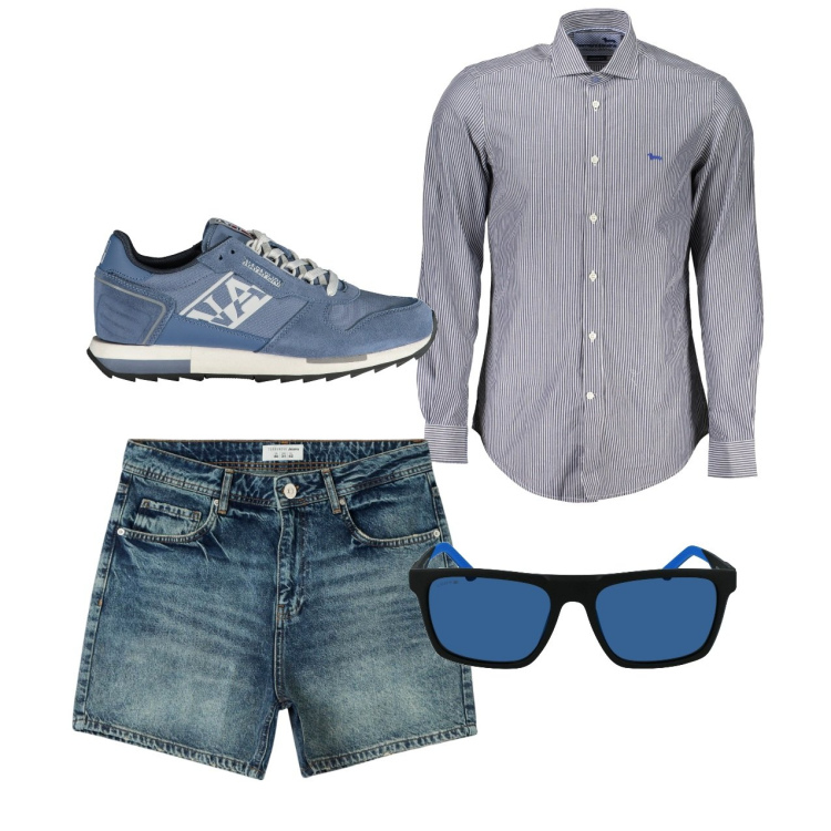 Outfit uomo - City. Stile Casual per Tutti i giorni. Abbinamento con shorts, camicie, sneakers, occhiali da sole.