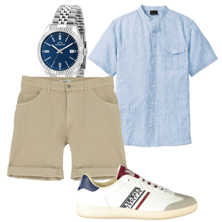 Outfit uomo - City. Stile Casual per Tutti i giorni. Abbinamento con camicie a manica corta, orologi, shorts, sneakers.