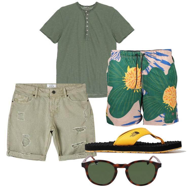 Outfit uomo - Mare mare. Stile Casual per Mare. Abbinamento con bermuda, t-shirt, costumi, occhiali da sole, sandali.