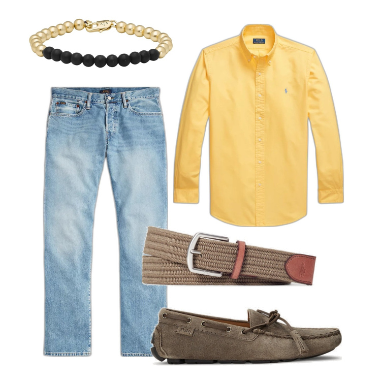 Outfit uomo - Un giallo brillante. Stile Casual per Tutti i giorni. Abbinamento con braccialetti, scarpe stringate, cinture, jeans, camicie.