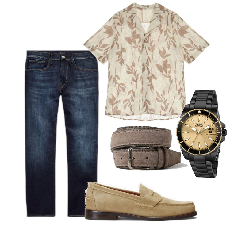 Outfit uomo - Spago. Stile Casual per Tutti i giorni. Abbinamento con orologi, camicie a manica corta, jeans dritti, scarpe stringate, cinture.