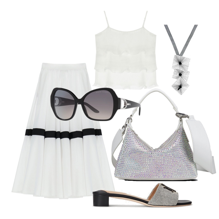 Outfit donna - Ghost outfitter - giugno. Stile Bon Ton per Tutti i giorni. Abbinamento con ciondoli, gonne lunghe, top, occhiali da sole, sandali col tacco, borse a mano.