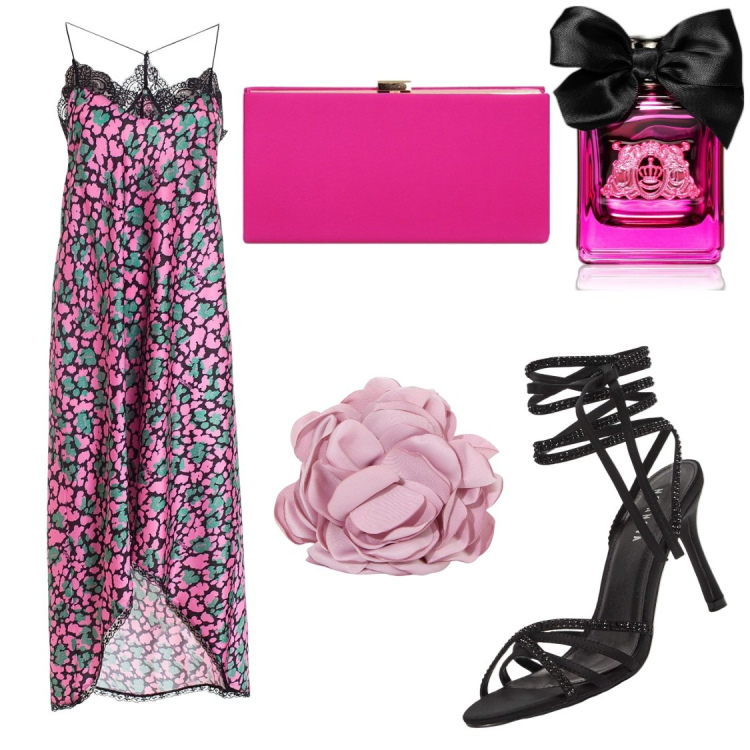 Outfit donna - Woman. Stile Glamour per Serata fuori. Abbinamento con sandali alla schiava, profumi, vestiti midi/longuette, braccialetti, pochette.