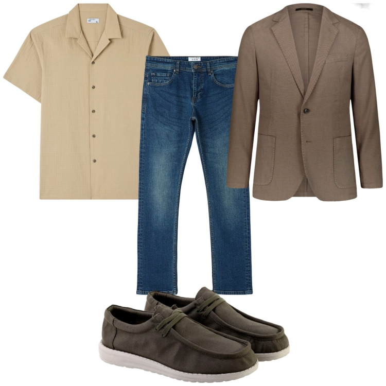 Outfit uomo - Total look #1893623. Stile Casual per Ufficio. Abbinamento con camicie a manica corta, jeans dritti, giacche, scarpe stringate.