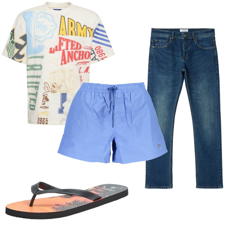 Outfit uomo - Total look #1893627. Stile Trendy per Sport. Abbinamento con sandali, jeans dritti, t-shirt, costumi.