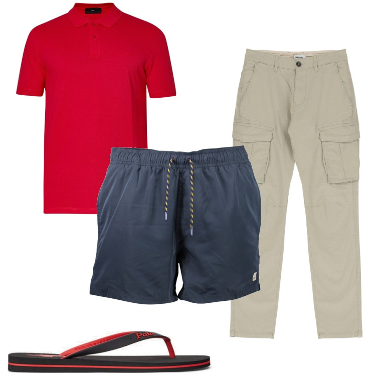 Outfit uomo - Total look #1893629. Stile Trendy per Mare. Abbinamento con pantaloni cargo, sandali, costumi, polo.
