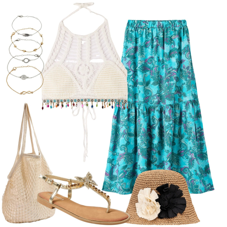 Outfit donna - Al mare. Stile Boho per Mare. Abbinamento con braccialetti con ciondoli, gonne lunghe, top, borse a spalla, sandali gioiello, cappelli.