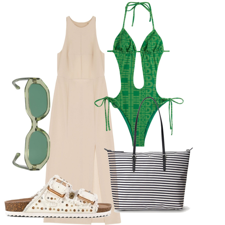 Outfit donna - Al mare. Stile Chic per Mare. Abbinamento con vestiti midi/longuette, costumi interi, borse tote, sandali, occhiali da sole.