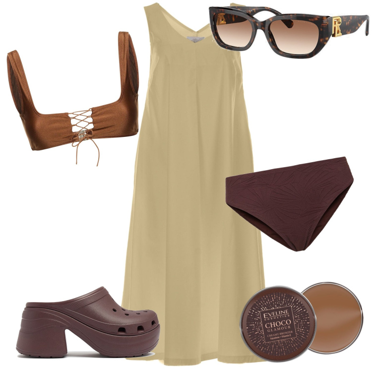 Outfit donna - Dalla spiaggia al ristorante. Stile Basic per Mare. Abbinamento con terre, occhiali da sole, zoccoli, vestiti lunghi, bikini, bikini.