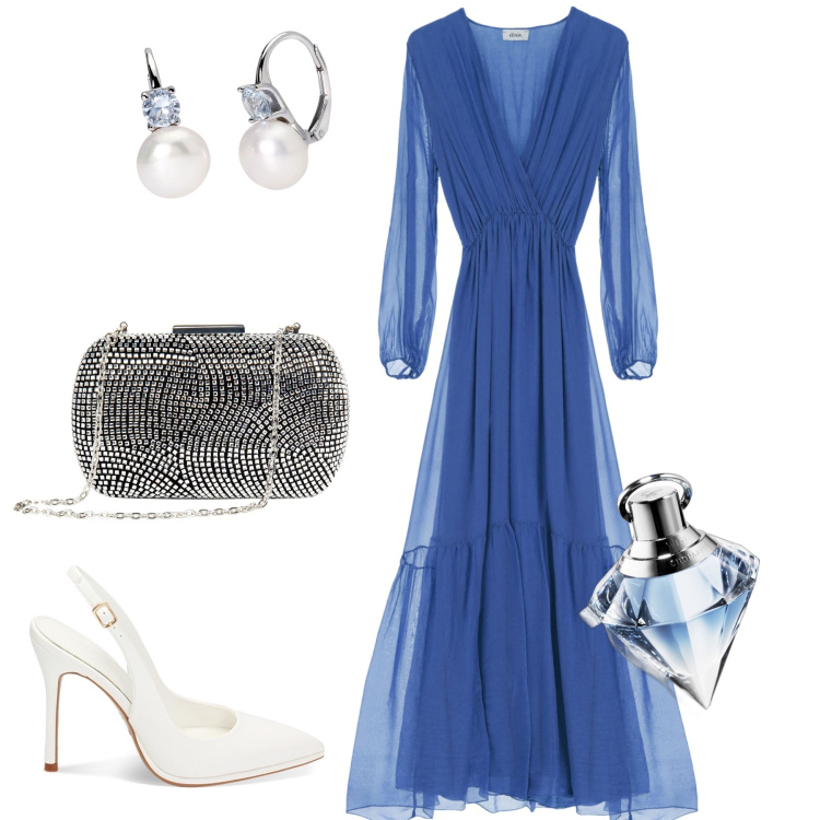 Outfit donna - Cerimonia serale. Stile Chic per Cerimonia. Abbinamento con profumi, orecchini, clutch, décolleté, vestiti lunghi.