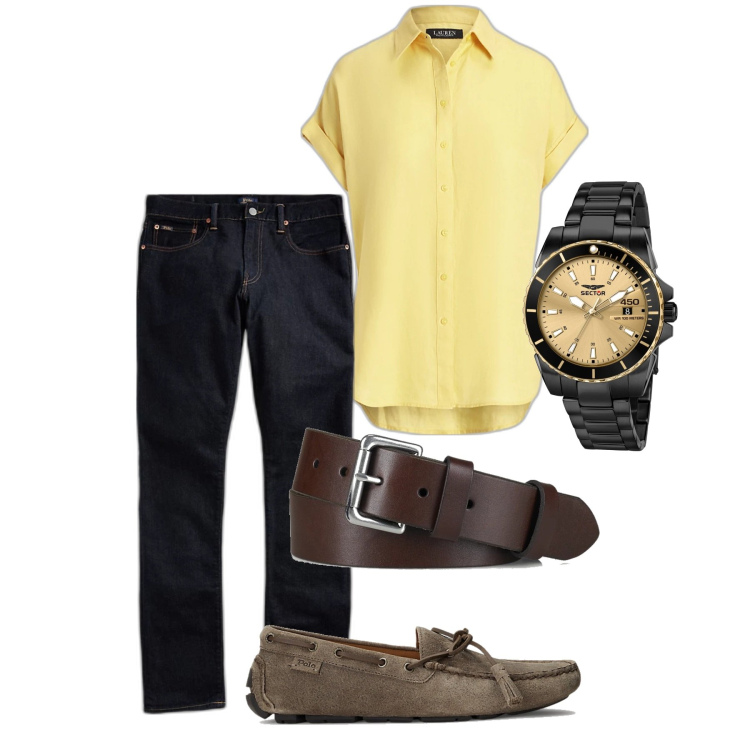 Outfit uomo - Chi una vita ce l\'ha. Stile Casual per Tutti i giorni. Abbinamento con orologi, scarpe stringate, jeans, cinture, camicie a manica corta.
