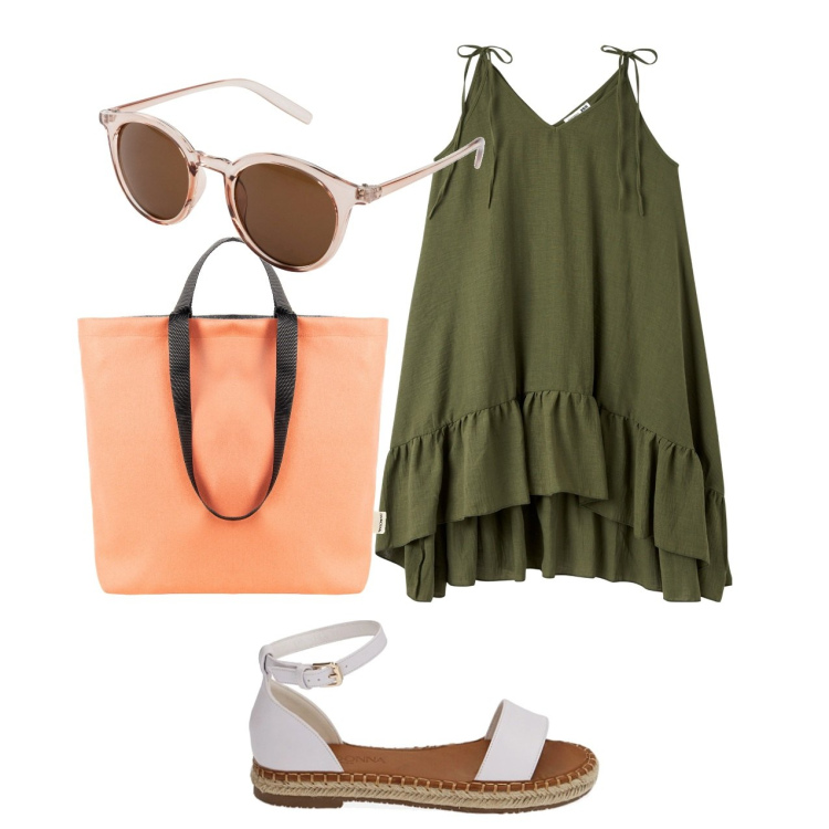 Outfit donna - Glam e city. Stile Bon Ton per Tutti i giorni. Abbinamento con occhiali da sole, vestiti lunghi, borse tote, sandali.