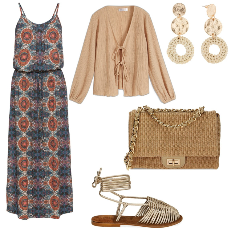 Outfit donna - Hobo chic di sera. Stile Boho per Serata fuori. Abbinamento con vestiti lunghi, orecchini, cardigans, sandali in pelle, borse a tracolla.