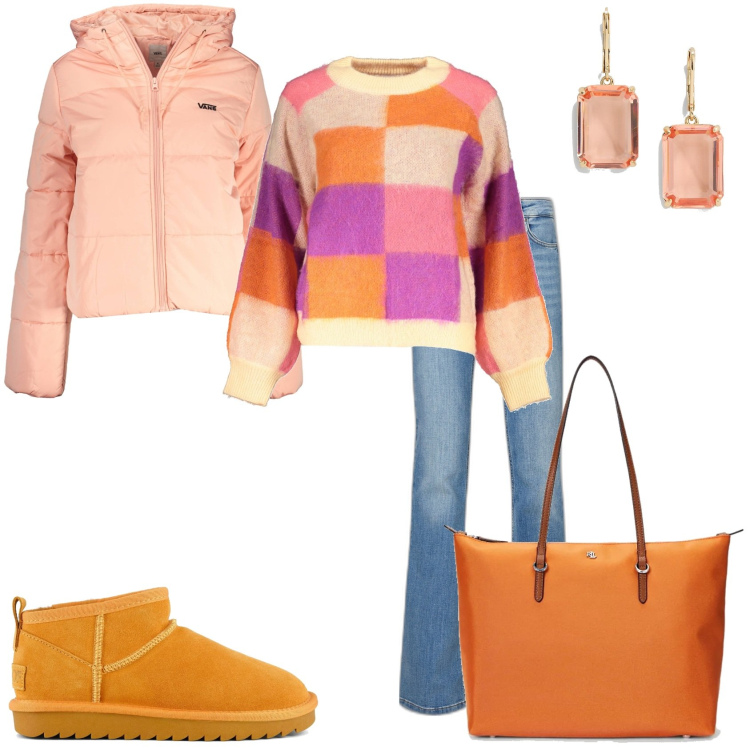 Outfit donna - Inverno colorato. Stile Casual chic per Tutti i giorni. Abbinamento con borse tote, orecchini, stivali, maglieria, jeans, blazer.