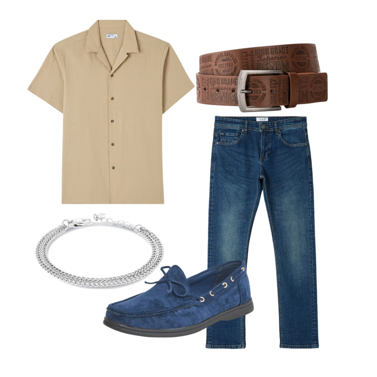 Outfit uomo - Mocassini blu. Stile Casual per Tutti i giorni. Abbinamento con cinture, scarpe stringate, camicie a manica corta, jeans dritti, braccialetti.