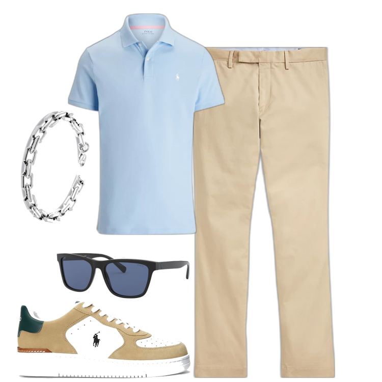 Outfit uomo - City. Stile Trendy per Tutti i giorni. Abbinamento con pantaloni chino, sneakers, polo, occhiali da sole, braccialetti.