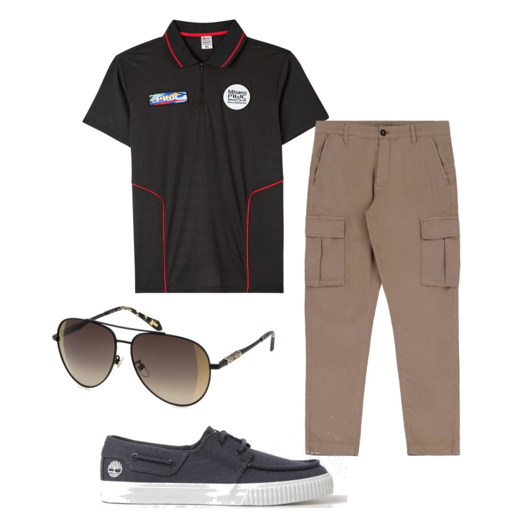 Outfit uomo - La polo. Stile Casual per Tutti i giorni. Abbinamento con polo, pantaloni cargo, scarpe stringate, occhiali da sole.
