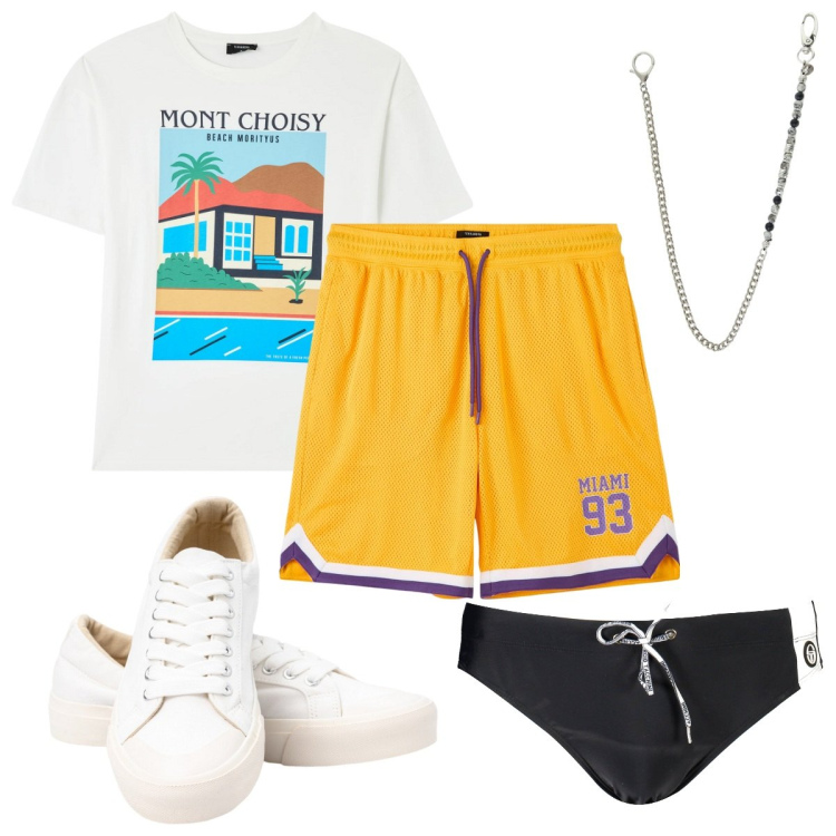 Outfit uomo - Total look #1893723. Stile Trendy per Mare. Abbinamento con t-shirt, bermuda, collane, sneakers, costumi.