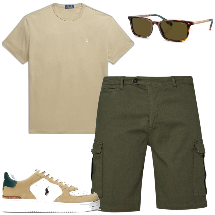 Outfit uomo - City. Stile Casual per Tutti i giorni. Abbinamento con t-shirt, sneakers, occhiali da sole, bermuda.