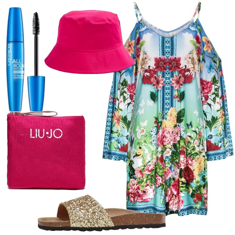 Outfit donna - Allegra. Stile Romantica per Mare. Abbinamento con vestiti, ciabatte, mascara, cappelli, valigie.