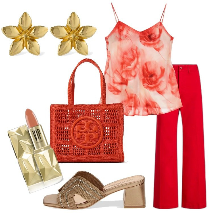 Outfit donna - Focus mules open toe. Stile Romantica per Serata fuori. Abbinamento con rossetti, canottiere, pantofole, pantaloni, orecchini, borse a spalla.