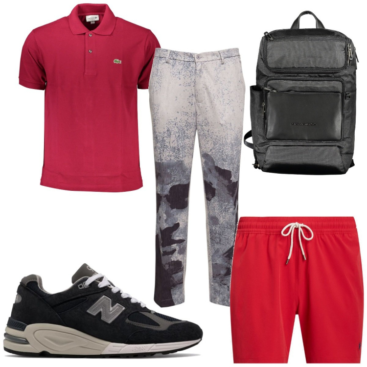 Outfit uomo - Total look #1893753. Stile Trendy per Mare. Abbinamento con sneakers, costumi, polo, borse sportive, pantaloni.